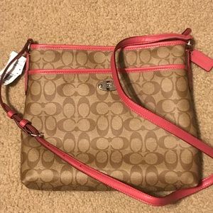 Coach Signature File Crossbody Bag Khaki / Pink